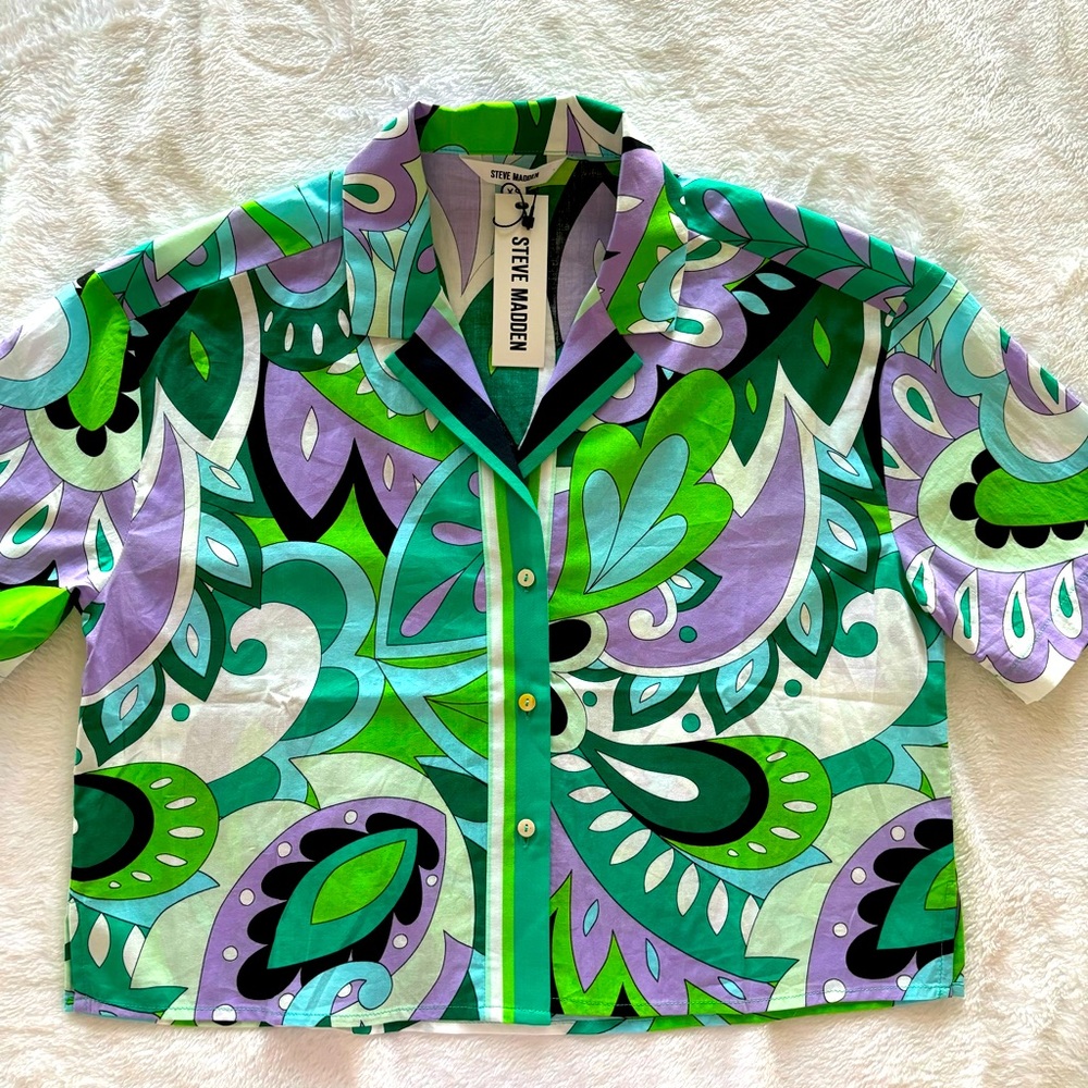 Steve Madden Paloma Cropped Cotton Short Sleeve Button Up Blouse—NWT—XS
